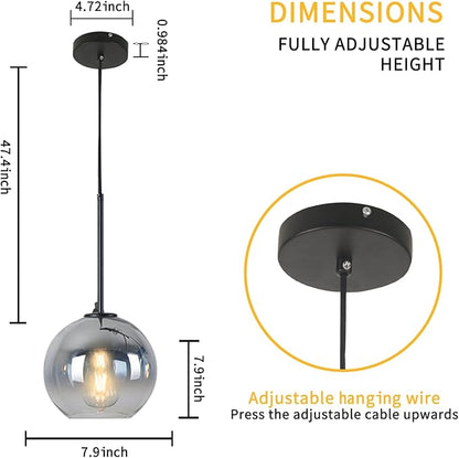 Modern Black Globe Pendant Light - Glass Ceiling Light for Kitchen, Dining Room - Silver Pendant Lighting - Mid Century Style -7.9 Inch
