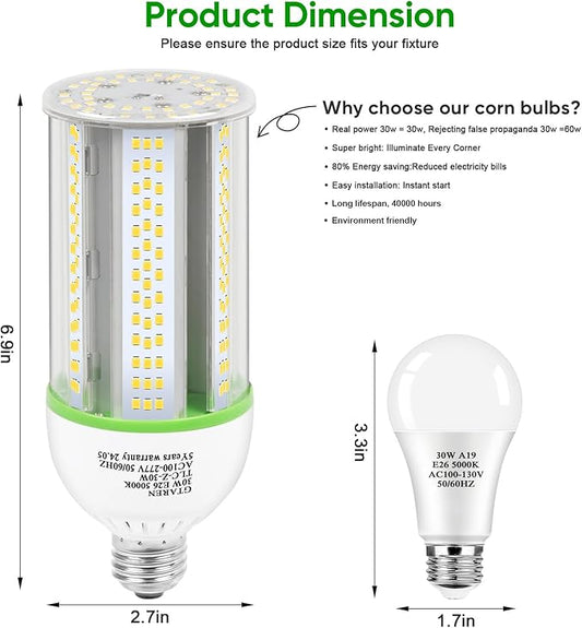 30W LED Corn Light Bulb,300W Equivalent,5000K Daylight,E26/E39 Base,4200 Lumens - Replace CFL/HPS/HID Lamp,for Home,Basement,Backyard,Shop,Barn