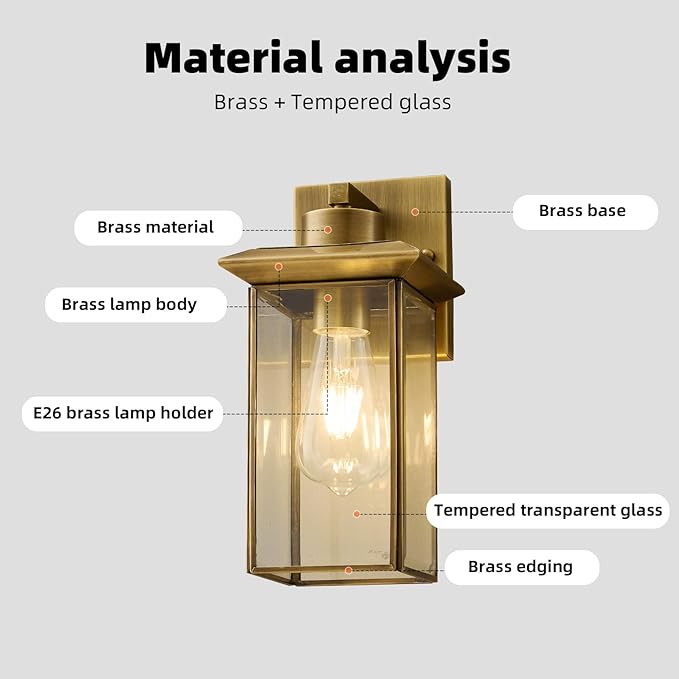 Brass Outdoor Wall Light Fixtures, Exterior Waterproof Lanterns, Porch Wall-Mounted Lights with E26 Socket and Glass Shade – Modern Rustproof Wall Sconces for Yard, Front Door & Entryway.2-Pack