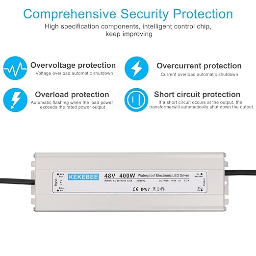 LED Driver 48V400W Waterproof Power Supply AC90-130V to DC48V8.3A Switching Power Supply IP67 Transformer Suitable for Indoor and Outdoor LED Lighting and Any 48V DC Equipment