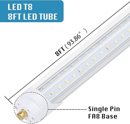 (4-Pack),T8/T10/T12 8FT LED Tube Light, Single Pin FA8 Base, 100W 15000LM 6000K Cold White, 270 Degree V Shaped LED Fluorescent Bulb (250W Equiv.), Clear Cover, Dual-Ended Power