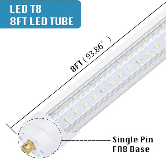 (12-Pack),T8/T10/T12 8FT LED Tube Light, Single Pin FA8 Base, 100W 15000LM 6000K Cold White, 270 Degree V Shaped LED Fluorescent Bulb (250W Equiv.), Clear Cover, Dual-Ended Power