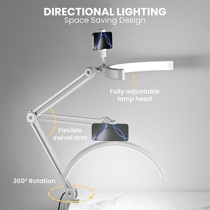 3000 Lm Adjustable LED Half Moon Light with Clamp & Task Lamp - Bright, Dimmable Lighting for Office, Crafts, Nails &Salon, Remote Control (CCT，White)