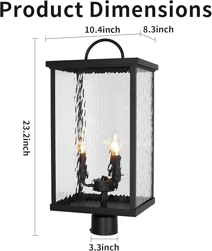 23" Large Outdoor Post Light Fixture, Modern Black Pole Lantern with Water Ripple Glass, Farmhouse Post Cap Lamp with E12 Sockets for Garden, Pathway, Courtyard, Porch, Driveway, Street