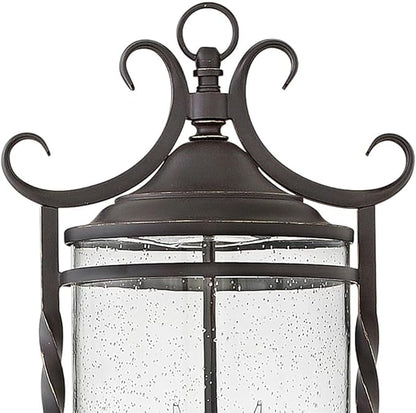 Hinkley Casa Large Post Top or Pier Mount Outdoor Lantern - Aluminum, Clear Seedy Glass, Wrought Iron Details, Hand Forged Scrolling - Olde Black Finish