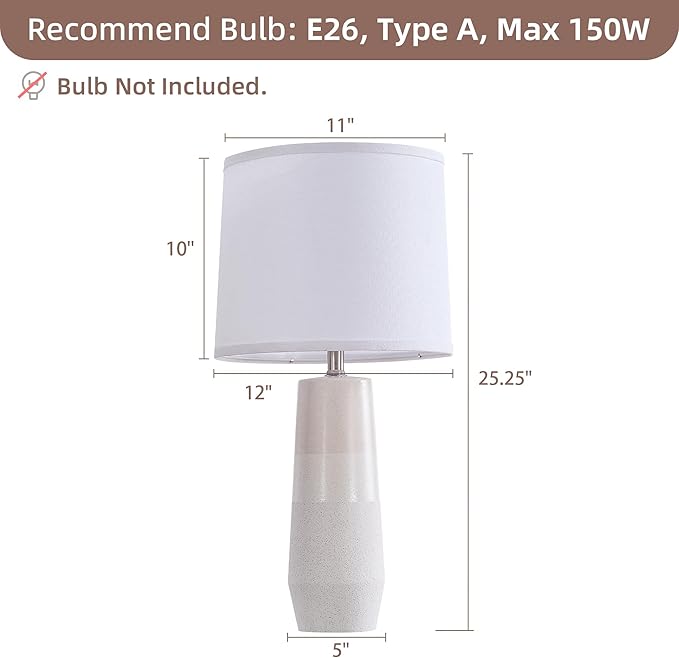 25.25" White Ceramic Table Lamps for Living Room, Ceramic White Lamps Set of 2 for Nightstand, Minimalist Beige Table Lamp Set of 2 for Bedroom, Console Reading Table Lamps