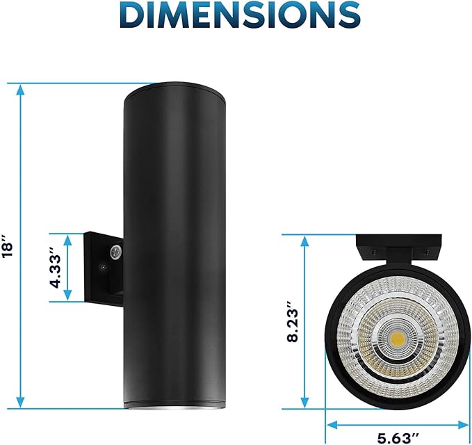 LUXRITE Dusk to Dawn LED Modern Outdoor Wall Lights, 18", Up or Up and Down Light, 3CCT 3000K-5000K, Waterproof Cylinder Wall Sconce, 20/30/40W, Dimmable, IP65, ETL - Porch Patio Garage (2 Pack)
