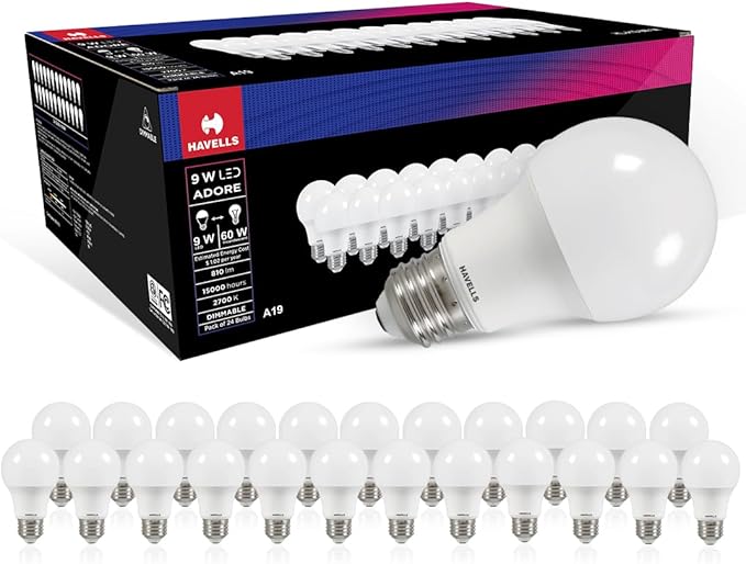 Havells Adore A19 Dimmable LED Bulb, 9W, 60W Equivalent, E26 Medium Base, 2700K Warm White, 810 Lumens, Pack of 24