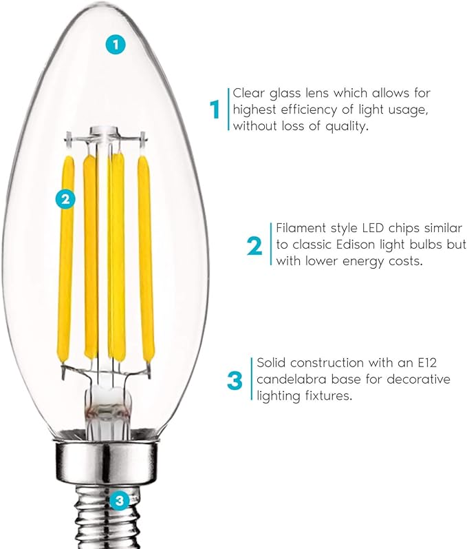 LUXRITE Vintage Candelabra LED Bulb 60W Equivalent, 550 Lumens, 3000K Soft White, Chandelier Light Bulbs 5W, Dimmable, Clear Glass, Filament Candle Bulbs, UL Listed, E12 Base (24 Pack)
