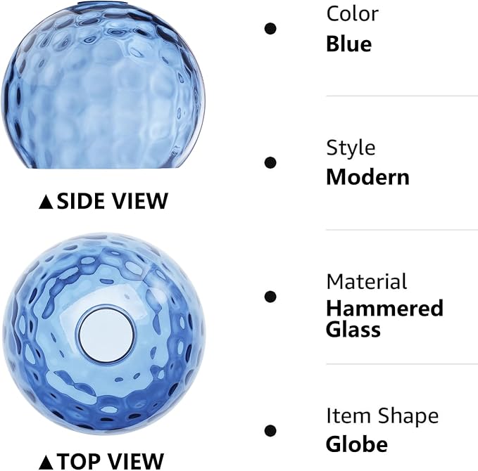 Fixture Replacement Globe Shade with 1.65 Inch Fitter, 8 Inch Diameter, E26 Base 1-5/8 Inch Fitter, Glass Lampshade Cover for Pendant Wall Sconce Chandelier Vanity Light (Hammered Blue)