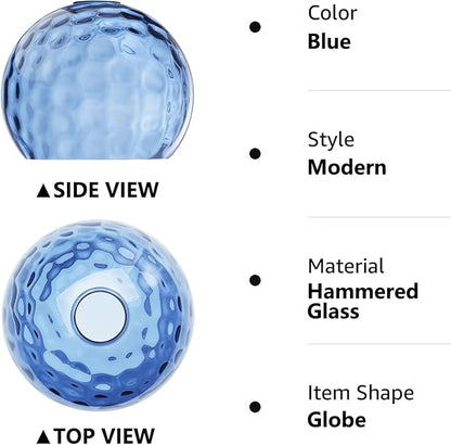 Fixture Replacement Globe Shade with 1.65 Inch Fitter, 8 Inch Diameter, E26 Base 1-5/8 Inch Fitter, Glass Lampshade Cover for Pendant Wall Sconce Chandelier Vanity Light (Hammered Blue)