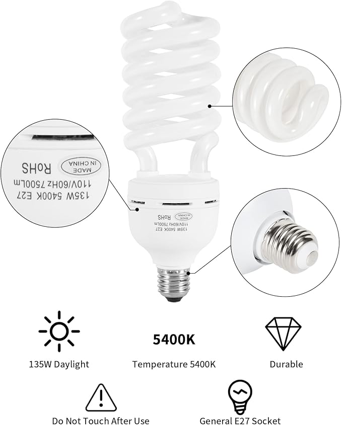 Skytex 1pcs 135W Light Bulb, 5400K Color Temperature CFL Photography Lighting, Daylight Spiral Softbox Lighting Kit Bulb in E27 Socket for Photo, Video and Studio Lights