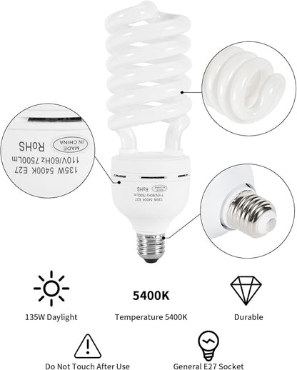 Skytex 1pcs 135W Light Bulb, 5400K Color Temperature CFL Photography Lighting, Daylight Spiral Softbox Lighting Kit Bulb in E27 Socket for Photo, Video and Studio Lights