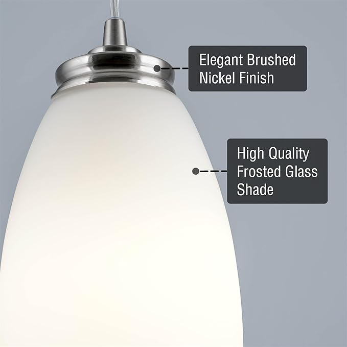 Kira Home Coast 9" Modern Oval Mini Pendant Light + White Frosted Glass Shade, Brushed Nickel Finish, 2-Pack