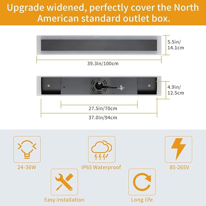 Upgrade Widened 2 Pack LED Outdoor Wall Sconce, 39.3inch Modern Minimalist Wall Mount Lights, 3 Color 3000K/4500K/6000K, 36W, IP65 Waterproof, Outside Lighting Fixture for Courtyard, Balcony, Patio