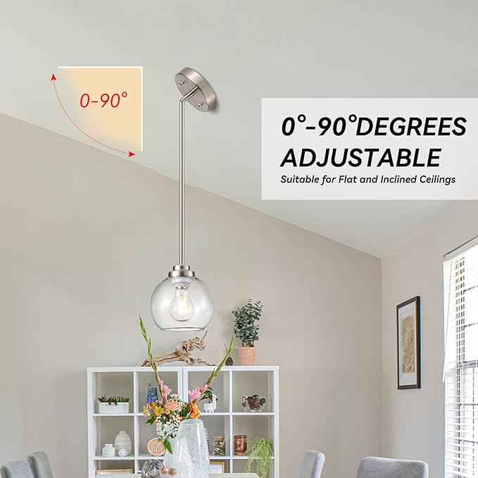 Globe Pendant Light Fixtures, Indoor Brushed Nickel Hanging Ceiling Lights with White Frosted Glass Shades, Adjustable Light for Kitchen Island Bedroom, 2 Pack