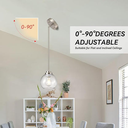 Globe Pendant Light Fixtures, Indoor Brushed Nickel Hanging Ceiling Lights with White Frosted Glass Shades, Adjustable Light for Kitchen Island Bedroom, 2 Pack