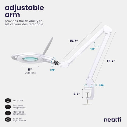 Neatfi 1,200 Lumens LED Magnifying Lamp with Clamp, Dimmable, Includes Microfiber Cloth, Magnifier Light for Reading, Sewing, Crafting (White, 5-Inch Lens, 8 Diopter)