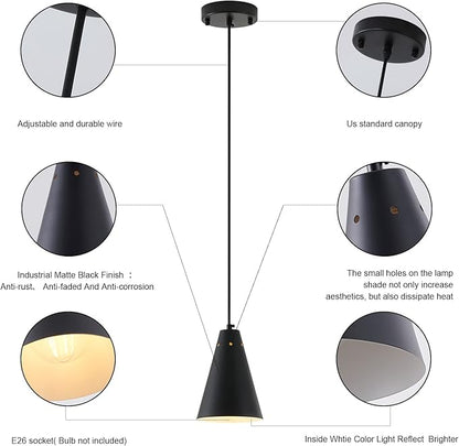 Black Pendant Light for Kitchen light fixtures,Small Modern Industrial Chandeliers with Cone Metal Shade,Mini Adjustable Cord Hanging Lighting Fixtures for Over island,Bar,Dining Room.(1 Pack)