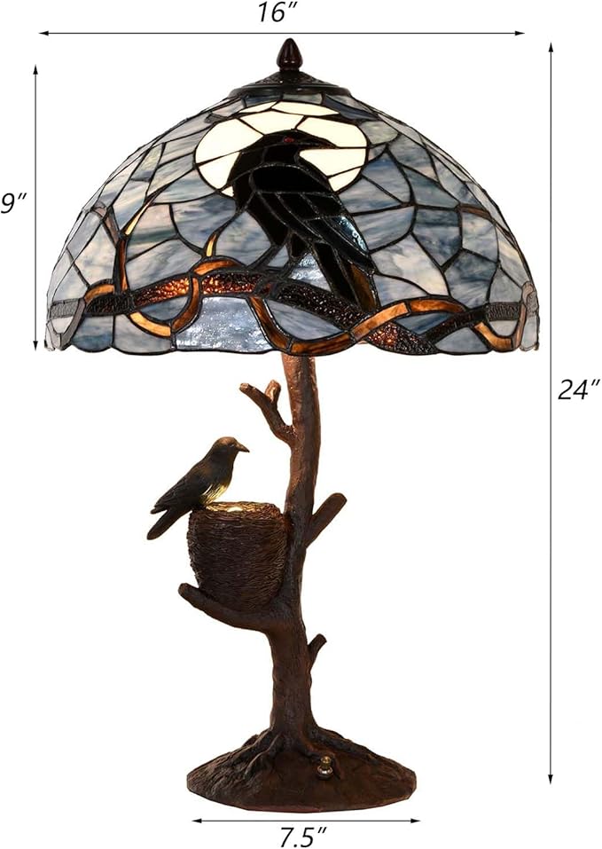 Bieye L10968 Raven Sitting on Bare Tree Branch in Full Moon Night Tiffany Style Stained Glass Table Lamp for Home Decor (Dark Blue, 16Wx24H Nest)