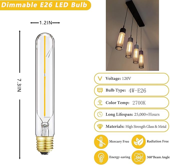 T10 Led Long Bulbs,4W Dimmable Tubular Bulb,40 Watt Equivalent,2700K Warm White,400LM,120V,E26 Edison Style Vintage LED Filament Light Bulb,7.3in,4Pack(4w-2700k)