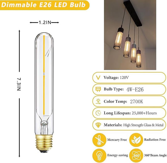 T10 Led Long Bulbs,4W Dimmable Tubular Bulb,40 Watt Equivalent,2700K Warm White,400LM,120V,E26 Edison Style Vintage LED Filament Light Bulb,7.3in,4Pack(4w-2700k)