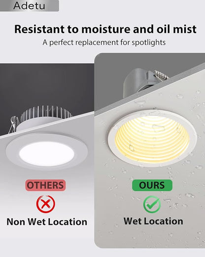 Adetu 2 Inch 5CCT White LED Recessed Ceiling Light with Junction Box, 2700K/3000K/4000K/5000K Selectable, CRI90, 8W COB, 780LM, Dimmable Canless IP65 Waterproof Downlight-ETL&FCC (White, 6 Pack)