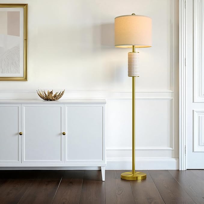 PoKat Gold Ceramic Floor Lamp for Living Room Bedroom, 64" Modern Standing Lamp with Rotary Switch, Tall Living Room Lamp Decor for Reading Corner, Home Office, Nursery, Brushed Gold