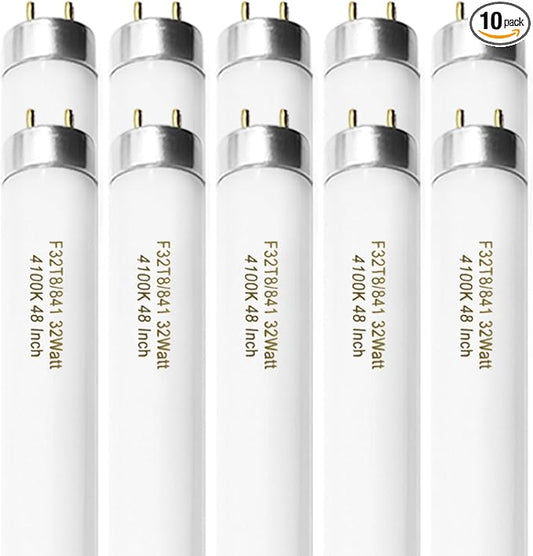 F32T8/841 32W 48 Inch T8 Fluorescent Tube Light Bulb, T8 Fluorescent Bulbs 4 Foot, 4ft Light Bulb, 4100K Cool White, 2850 Lumens, G13 Medium Bi-Pin Base,10 Pack