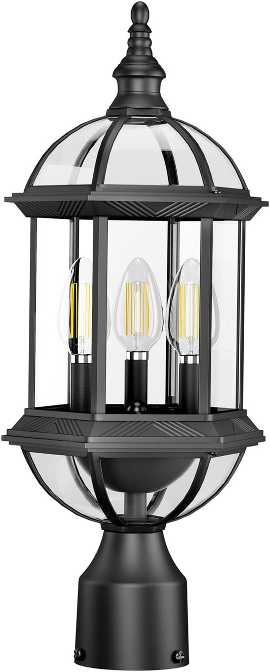 Outdoor Post Lights,19.21" 3-Light Lamp Post Light Fixture,Hardwired 120V Exterior Waterproof Pole Lighting,Modern Black Aluminum Lantern for Garden, Yard, Patio, Pathway