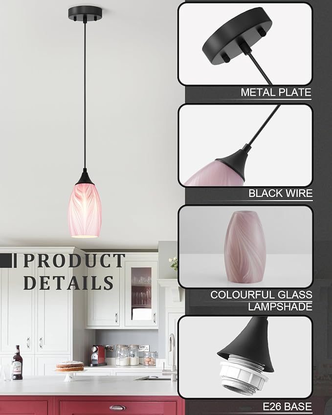 ANYLOVE Vintage Art Pendant Gold-Pink Stripe Lighting,1-Pack Hand Glass Hanging Light Fixture,Adjustable Cord for Kitchen,Hallway,Dining Room