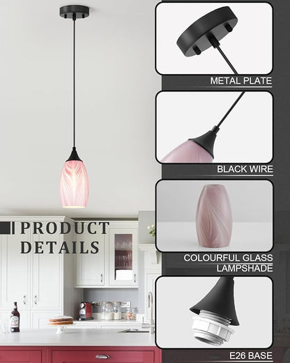 ANYLOVE Vintage Art Pendant Gold-Pink Stripe Lighting,1-Pack Hand Glass Hanging Light Fixture,Adjustable Cord for Kitchen,Hallway,Dining Room