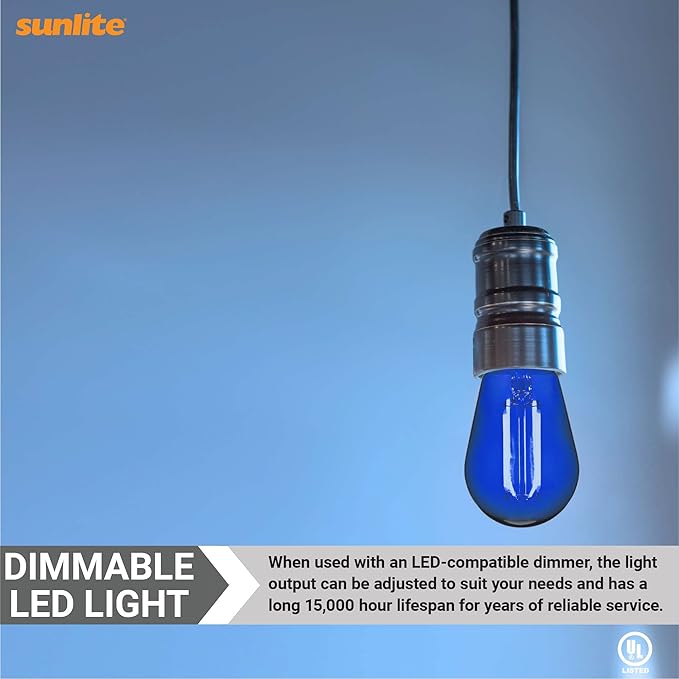 Sunlite LED S14 String Light Bulb, 2 Watts (25W Equivalent), Medium E26 Base, Party Decoration, Holiday Lighting, Transparent, Dimmable, UL Listed, Blue, 6 Count