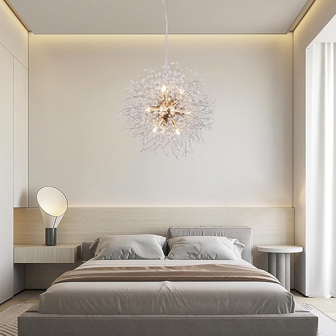 Firework Modern Chandelier, 9 Lights Sputnik Chandeliers for Dining Room, Dandelion Crystal Chandeliers for Entryway, Gold Chandelier Light Fixture for Bedroom