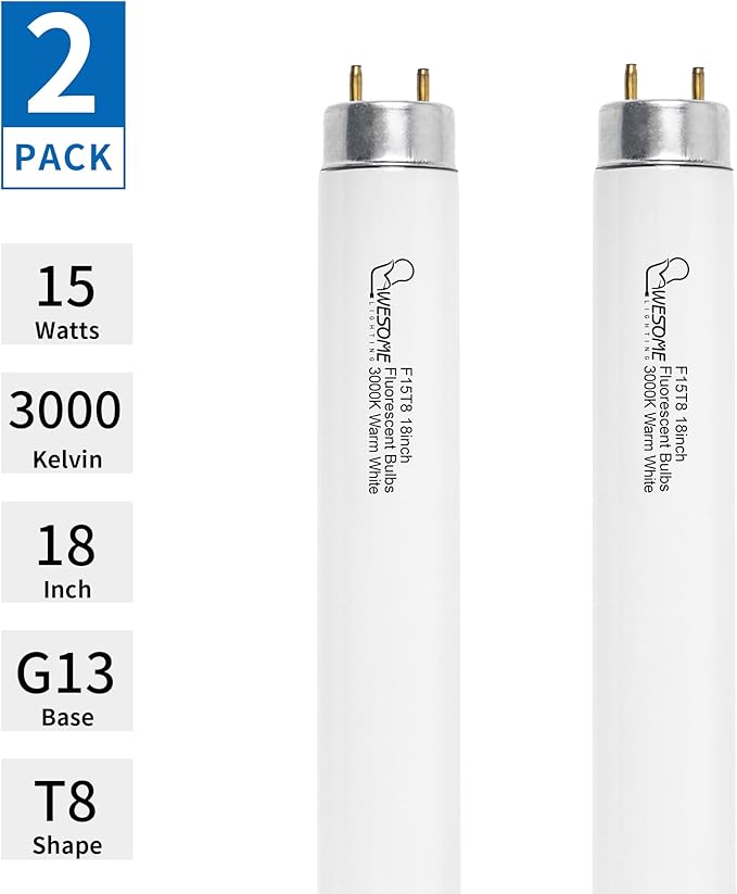 18 Inch F15T8/WW Fluorescent Light Bulbs, 3000K Warm White, T8 15 Watts Replacement Bulbs, Fluorescent Tube for Counter and Cabinet Fixture, G13 Base - 2 Pack