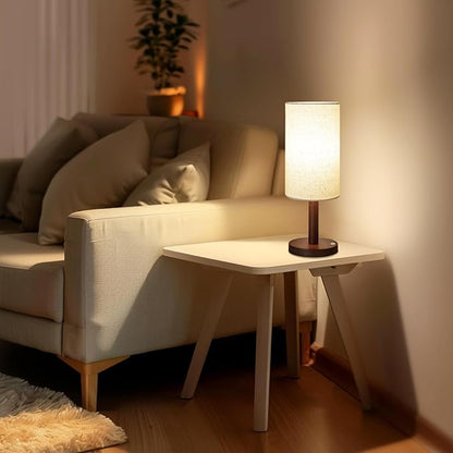 Small Table Lamp Nightstand Lamp Linen Lampshade Bedroom Wood Base Small Bedside Lamp for Night Stands, Desk Lamps for Reading Living Room, Office (LED Bulb Included) (Walnut Wood Cordless(2))