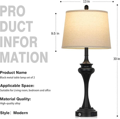 30 Inch Black Table Lamp Single, 3-Way Touch Control Bedside Lamp with USB A+C Ports, Modern Bedroom Lamps for Nightstand, Metal Living Room Lamps for Side Table Desk Office, Bulb Included