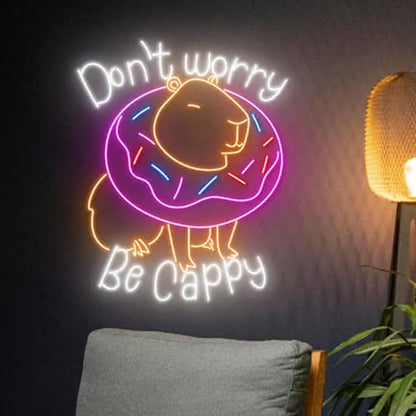 Don't Worry Be Cappy Neon Light, Donut Capybara Neon Sign, Capybara Donut Led Light, Donut Capybara Led Sign, Nursery Room Wall Art Decor Size:20 inches