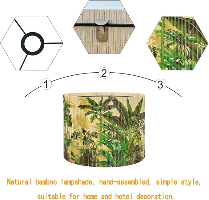Floral Lampshade Bamboo Made With Tropical Plants green Design, Suitable For Floor Lamps And Desk Lamps, Art deco, Rustic And Elegant, Groovy Unique(11.8 * 9Inch) (Tropical Tree A)