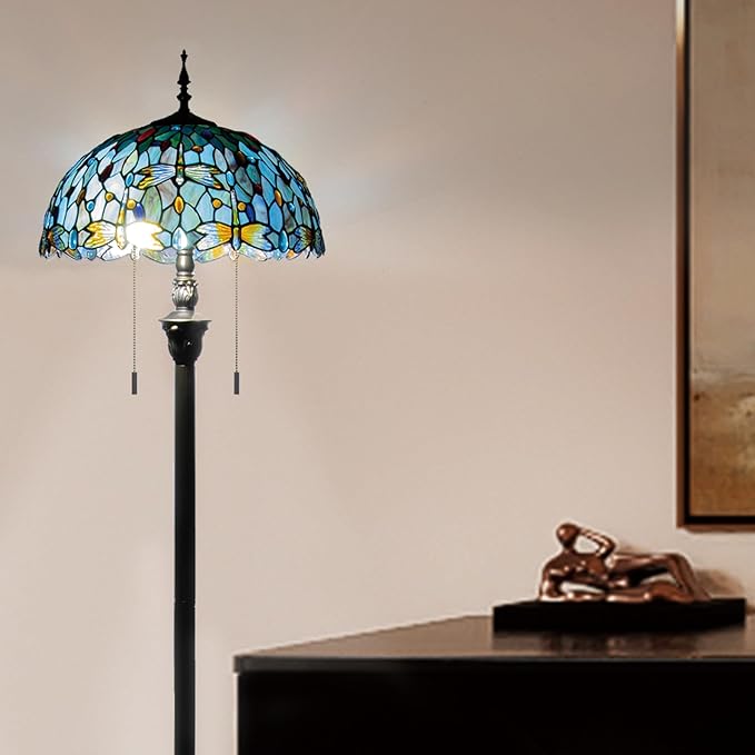 Tiffany Style Floor Lamp, 16" Stained Glass Dragonfly Shade with Antique Bronze Base, 2-Light E26 Pull Chain Standing Reading Light for Living Room, Bedroom, UL Listed, 16x16x64 Inches