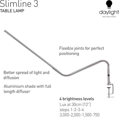 Daylight Company, LLC U35108 Slimline 3 Table Lamp-LED-80 CRI-Eye Care-4 Brightness Levels, 3,000 LUX at 30 cm, 1,065 LUMENS-4 Step DIMMER Mode, Brushed Steel, 25.6 x 30 x .8