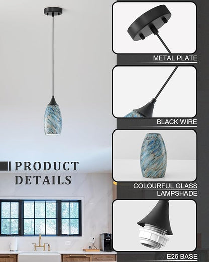 ANYLOVE Vintage Art Pendant Blue Pebble Lighting,1-Pack Hand Glass Hanging Light Fixture,Adjustable Cord for Kitchen,Hallway,Dining Room