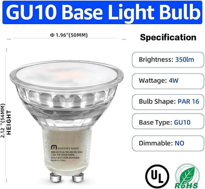 MASTERY MART 16 Pack Non-Dimmable GU10 LED Light Bulbs, 4W Bright 5000K Daylight White 35W Halogen Equivalent, 350lm Energy Saver for Track Lighting Fixture, Kitchen, Basement, 25000 Hours Lifespan