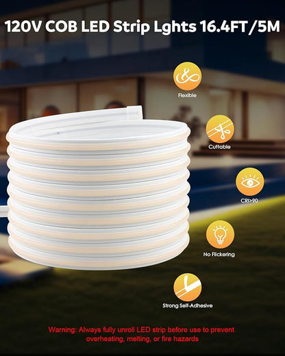 Aclorol AC 110V COB LED Strip Lights Warm White for Bedroom 16.4ft 3000K 120V Plug in LED Rope Lights Outdoor Waterproof IP68 Flexible High Density COB LED Tape Lights for Patio Garden Decor 288led/M
