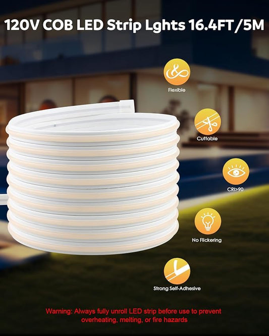 Aclorol AC 110V COB LED Strip Lights Warm White for Bedroom 16.4ft 3000K 120V Plug in LED Rope Lights Outdoor Waterproof IP68 Flexible High Density COB LED Tape Lights for Patio Garden Decor 288led/M