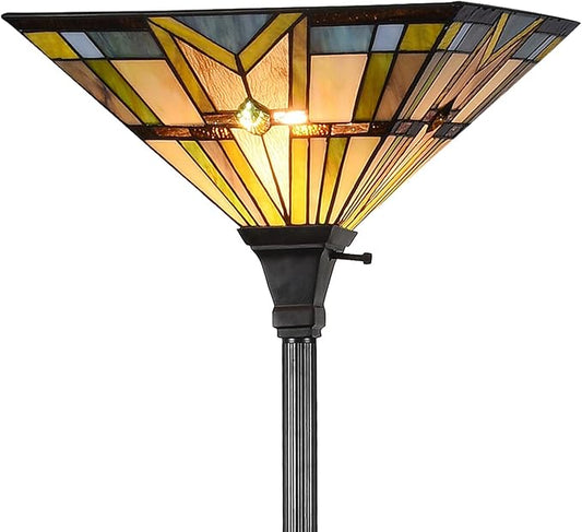 Tiffany Style Mission Floor Lamp Stained Glass Shade Torchiere Lamps, Vintage Uplight Standing Light Fixture for Living Room Bedroom Office, Multi-Colored