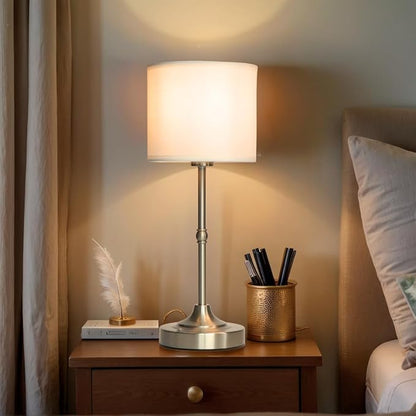 Rechargeable Table Lamp, Cordless Touch Lamps, Portable Desk Light with Stepless Dimmable Brightness & Fabric Shade for Nightstand Bedside Living Room (Silver, Straight)