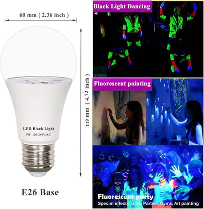 Black Light Bulb A19 LED 9W UV Blacklight Bulbs, 120V E26 Base UVA Level 395-400nm, Glow in The Dark for Body Pain, Glow Party, Halloween Decoration, 2-Pack