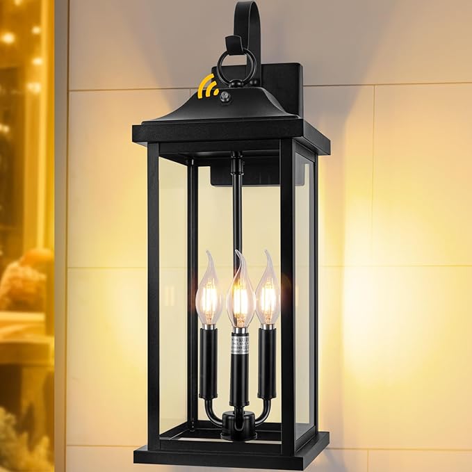 23” Dusk to Dawn Outdoor Lighting Extra Large 1 Pack, 3-Light Candelabra Front Porch Light with Photocell Sensor Outside Wall Sconce Modern Exterior Lighting Fixture Carriage Light, E12