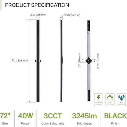 ASD LED 72" Long Wall Mount Light Fixture, Outdoor & Indoor Linear Sconce | 3CCT, Dimmable, Waterproof, Anti-Rust, ETL Listed | 40W 3200LM 3000-5000K 100-277V | Exterior Porch Lighting | Black, 2 Pack
